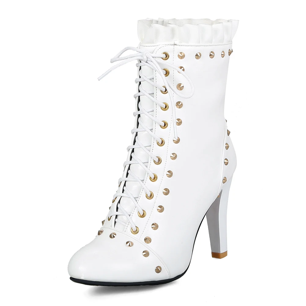 DoraTasia/Новое поступление, женские ботильоны с заклепками, украшенные оборками, на шнуровке, женская обувь на высоком каблуке-шпильке - Цвет: Белый