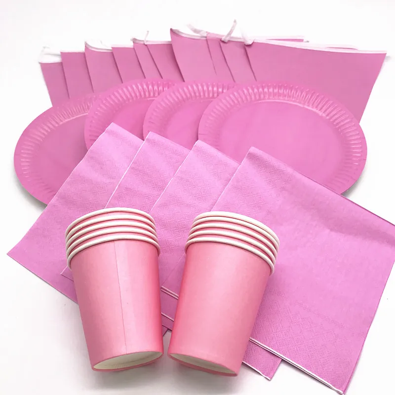 

50pcs/lot pain color theme birthday party disposable tableware set pink party banners pink disposable plates cups napkins