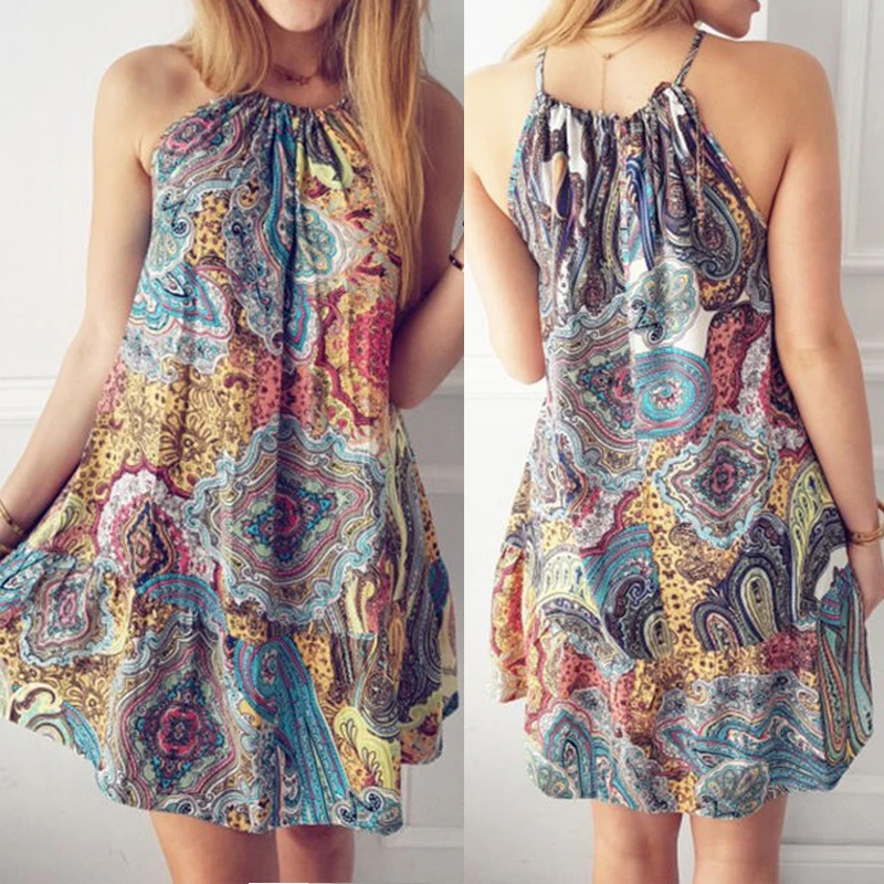 Vintage Floral Printed Boho Beach Dress Woman Casual Loose Halter Sexy Holiday Long Sundress Sleeveless Summer Dresses Vestido