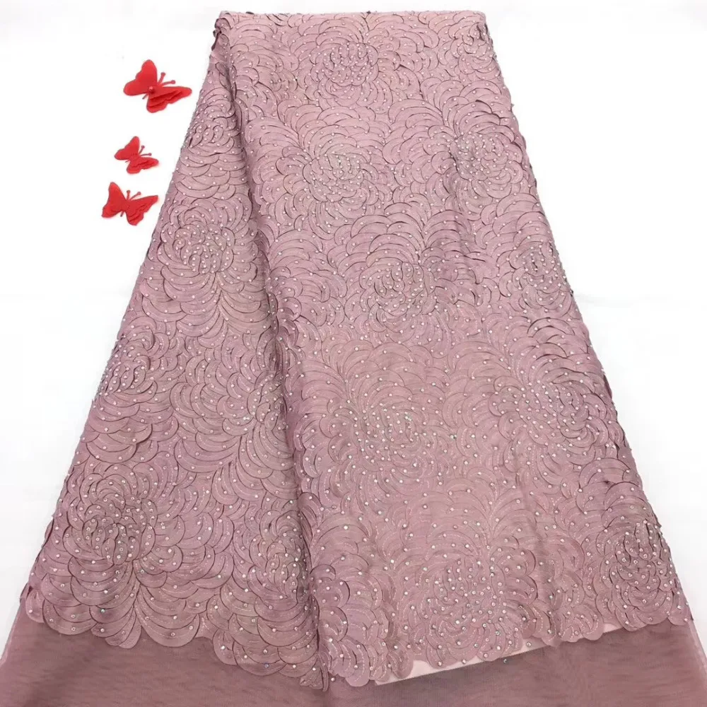 

New African Lace Fabric with stone 2018 Nigerian Lace Fabric Skin pink Color High Quality French Tulle Lace Fabric For Wedding