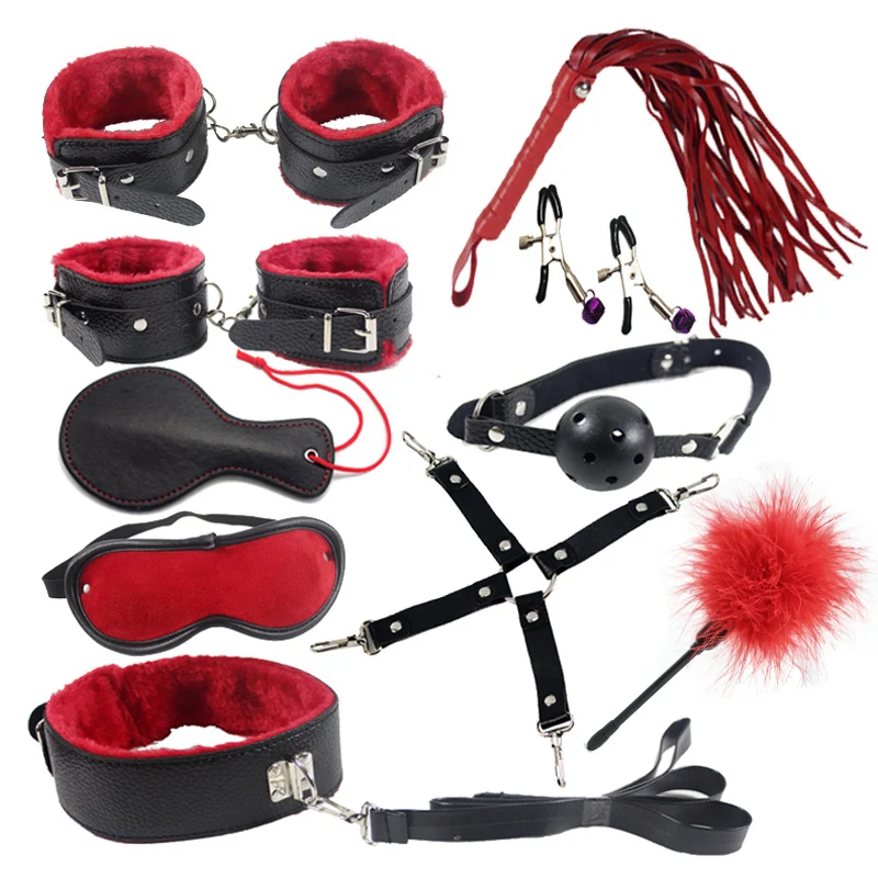 10piece/set Adult Games Sex Toys For Couples sexy toys Slave sex bondage handcuffs nipple clamp whip gag paddle sex item Leather adult sex products bondage restraints 10 pieces set sex toys for couples handcuffs whip gag for adult slave game erotic toys