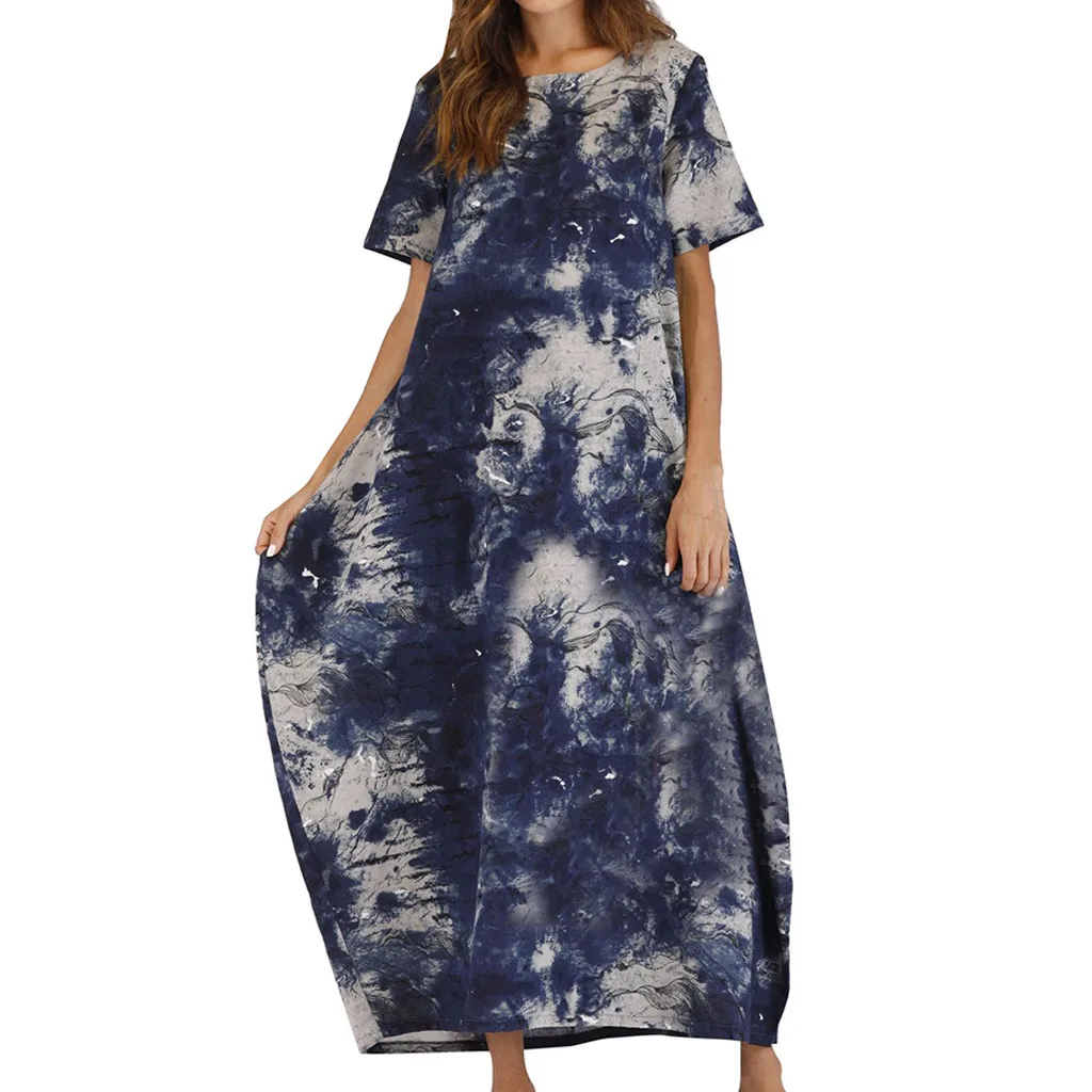 المرأة رداء فام خمر Abiti دونا طباعة س الرقبة قصيرة الأكمام عارضة فضفاض طويل Vestido ارغو الكاحل طول اللباس