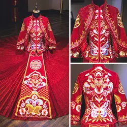 Атлас вышитые Cheongsam Винтаж китайский длинное платье Qipao Vestido Tradicional восточные платья халат Chinois свадебное платье
