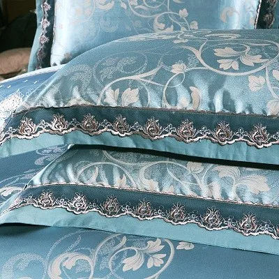 White Silver Color Jacquard Luxury Bedding sets 4/6 Pcs Queen/King size lace cotton Stain Bed set Bed linen Duvet cover pillow 73