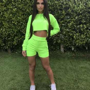 

2019 Women's 2pcs Outfits Long Sleeve Solid Color Crop Tops High Waist Shorts Set Casual Jumpsuit Tracksuit