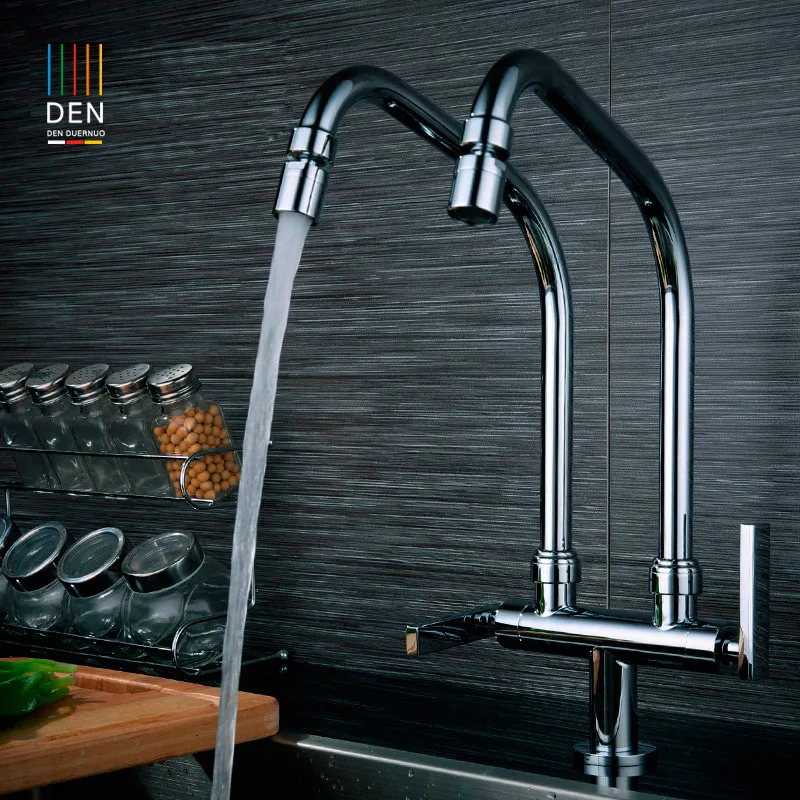 Modern Chrome Finish Solid Brass Kitchen Faucet Two Swivel Spouts Deck Mount Mixer Vessel Sink Tap cozinha | Обустройство дома