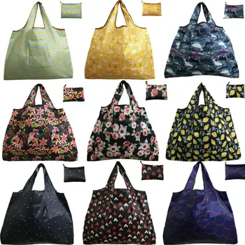

New Lady Foldable Handbags Recycle Shopping Bag Eco Reusable Shopping Tote Bag Cartoon Floral Print Fruit Vegetable Grocery Bags