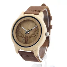 2016 Cerfs Tête Conception Bambou En Bois Quartz Montres Hommes Femmes De Luxe Rétro En Cuir Véritable Montre-Bracelet