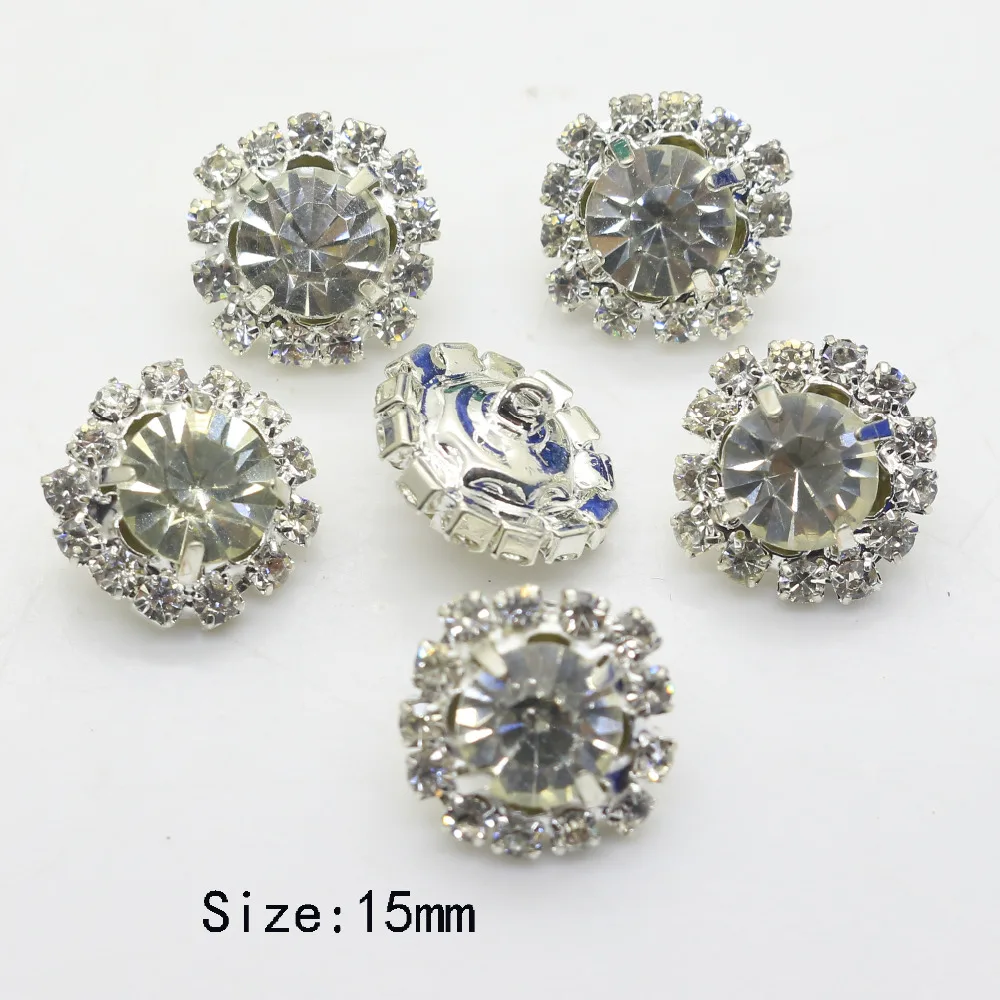 

10pcs Shining 15mm Rhinestone button Clear crystal Diamond button Silver clothing sewing buckle/ bag buckle shoes decoration