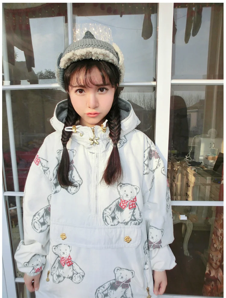 Корейские модные милые женские зимние парки с капюшоном, пальто, рисунок с милым медведем, толстая Вельветовая теплая верхняя одежда, толстовки, куртки, теплые свободные