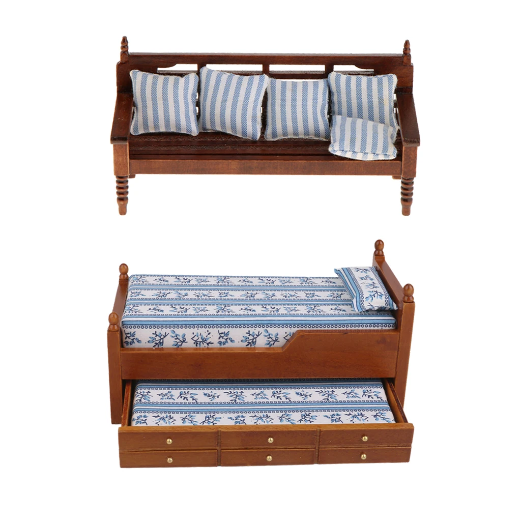 Modern Wooden Miniature 2-Layers Bed Chair Cushions Sofa Kit for 1/12 Dolls House Bedroom Decoration Accessories