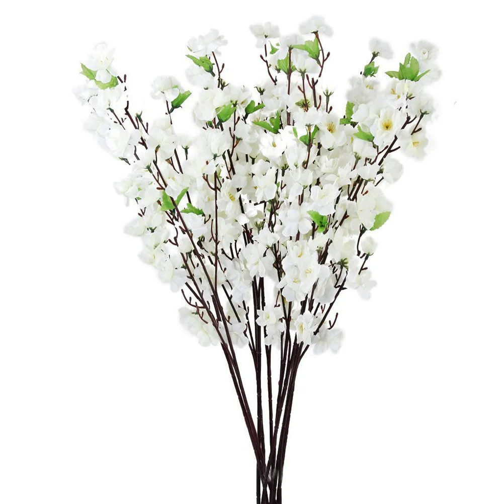 

10pcs Artificial Peach Blossom Flower Bouquet with 3 Fork Stems for Home Office Decoration (White)