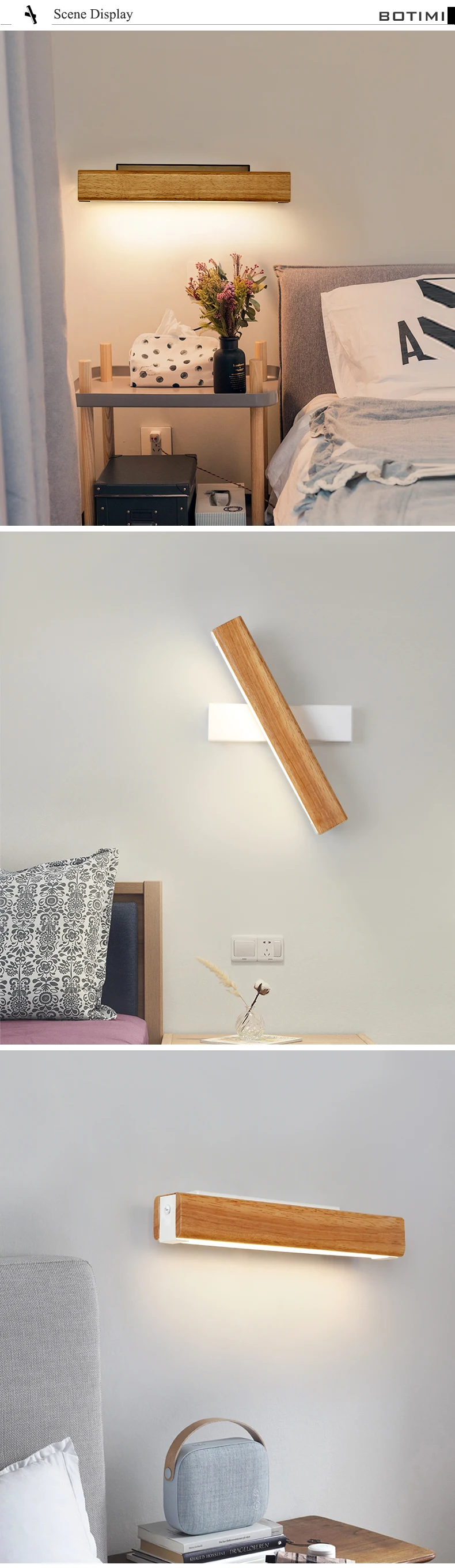 Регулируемый светодиодный настенный светильник BOTIMI для спальни, прикроватный деревянный настенный светильник, Белый настенный светильник, современное освещение для отеля