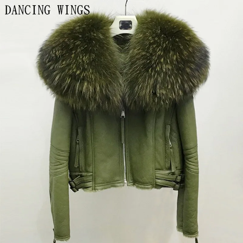 

Winter Warm Fashion Women Real Sheep Fur Coat Large Raccoon Fur Collar Sheepskin Leather Jackets Motorcycle