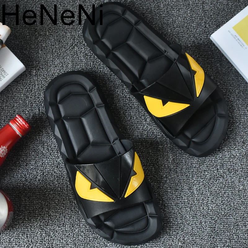

Fashion Men Slippers Casual Little Monster Black Shoes Non-slip Slides Bathroom Summer Sandals Soft Sole Flip Flops Man