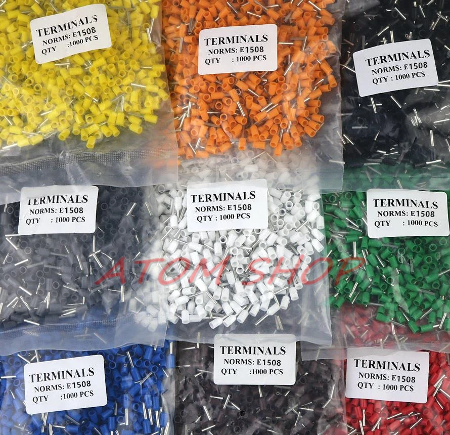 

100pcs/lot E1508 Bootlace cooper Ferrules kit set Wire Copper Crimp Connector Insulated Cord Pin End Terminal 5 color ve1508