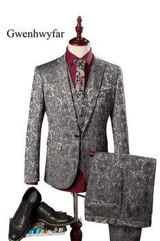 

Gwenhwyfar Men Tuxedos 2018 Slim Fit Patterns Grey Men Suits Jacket Vest Pants Luxury Mens Stage Wear Fashion Designer Prom Suit
