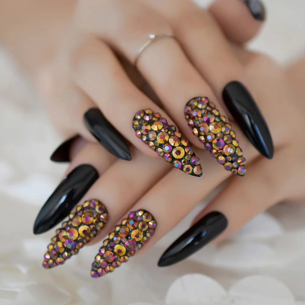 Glamour Rhinestone Extra Long Fake Nails Black Gel