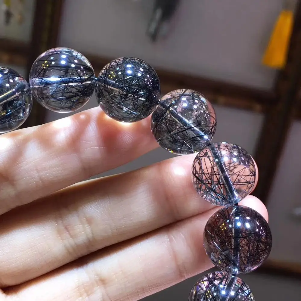 

Genuine Natural Black Rutilated Quartz Crystal Clear Round Beads 15mm Wealthy Stone Bracelet For Women Men From Brazil AAAAA