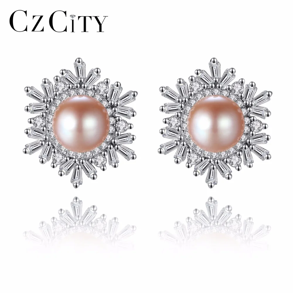 

CZCITY Snowflake Shape Freshwater Flawless Pearl Earrings 925 Sterling Silver Stud Earrings for Women Delicate Gift for Party