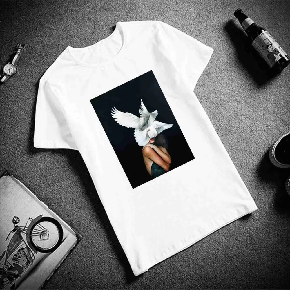 Skipoem забавная футболка птицы бабочка перо хлопковая Футболка с круглым вырезом размера плюс короткий рукав Брендовая женская футболка Femme - Цвет: 1