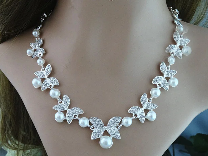 White Red Crystal Erfly Design Earrings And Pearl Necklace Set Pearl Necklace Set
