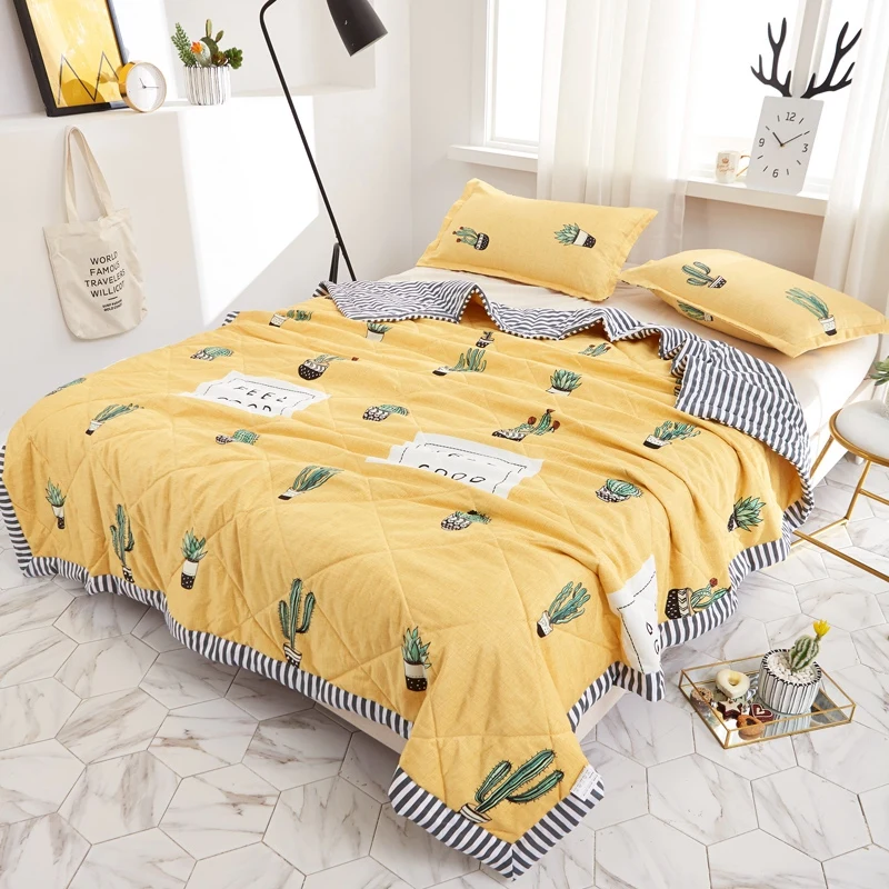 

Modern style cactus Print yellow stripe Quilting Summer Quilt Twin Queen Size Throws Blanket Bedding Plaid Bedspread home textil