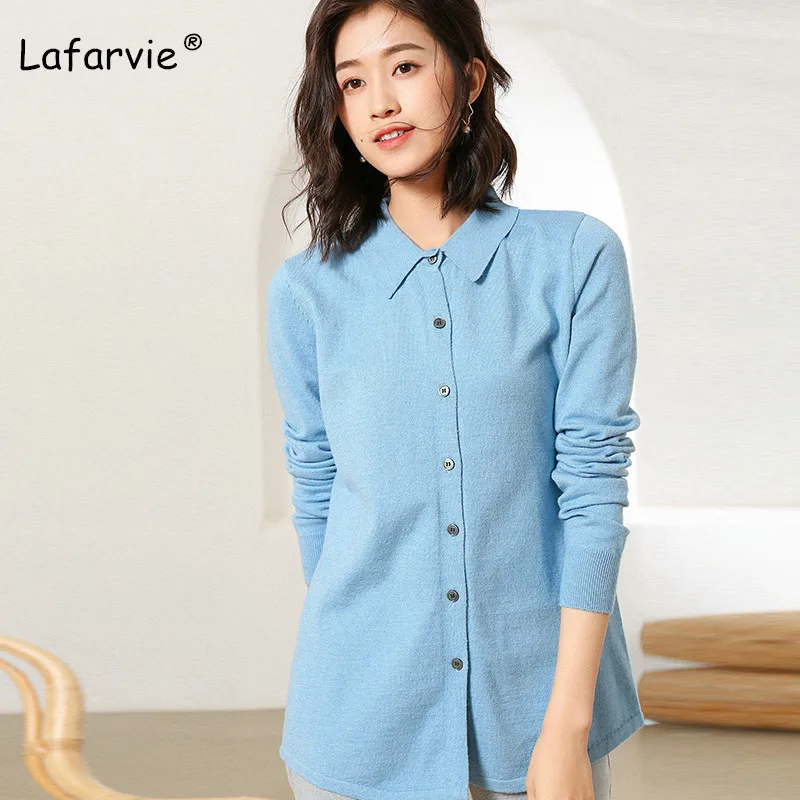 Lafarvie Spring Autumn Knitted Turn-down Collar Sweater Cardigan Women Tops Long Sleeve Knitting Jacket Female 6 Colors S-XXL