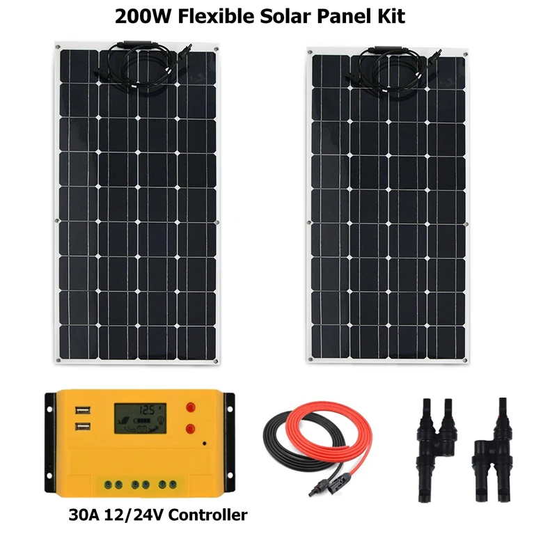

200W Flexible Solar panel Kit for Beginner Monocrystalline Solar Panel+30A solar controller+solar cable+MC4 Connector