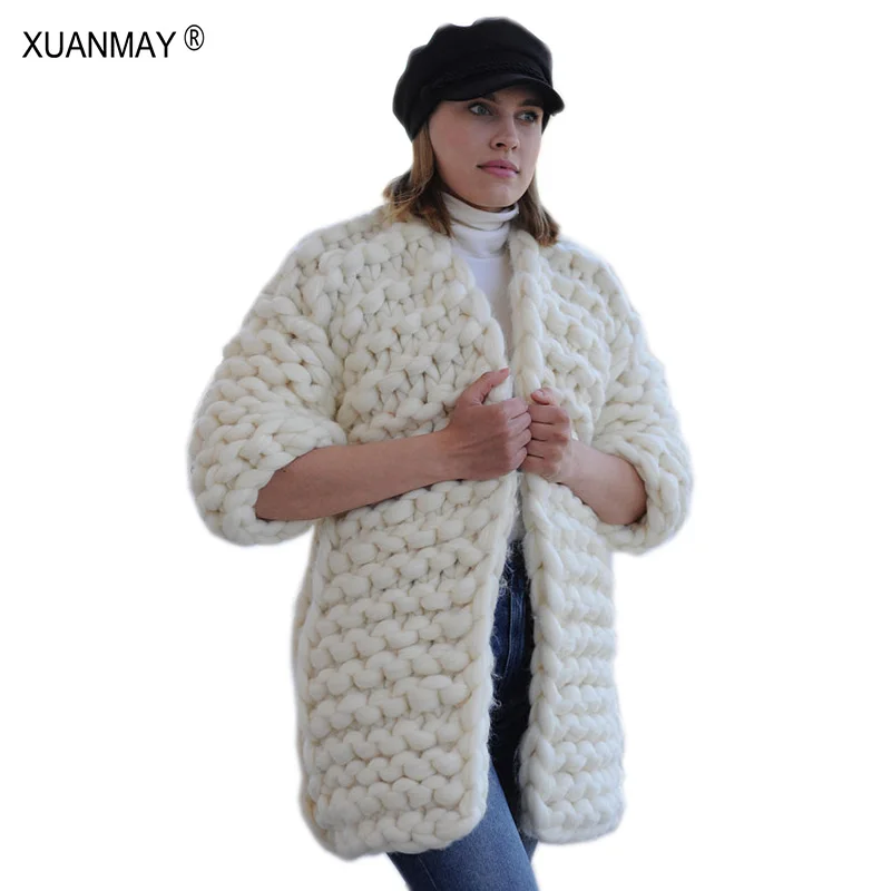 Fall Winter Thick warm Cardigan Sweater Long section hand-woven sweater Large size Streetwear women Hand-knit |