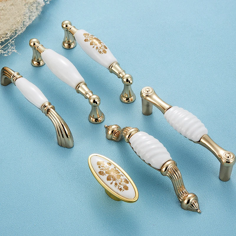 NAIERDI Gold White Creamic Gold Cabinet Handles Knobs Drawer Pulls Kitchen Door Handles Furniture Handle Cabinet Door Hardware