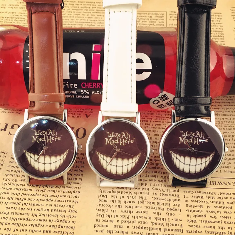 Hesiod уникальный улыбающееся лицо коричневый черный белый кожаный ремешок часы для женщин белые зубы Дизайн часы