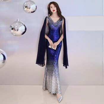 

V-Neck Womens Sequined Slim Party Dress Evening Long Cheongsam Marriage Gown Luxury Sexy Wedding Qipao Fashion Clothes Vestido