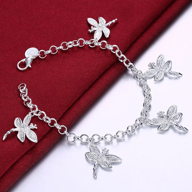

Wholesale 925 Silver Color Jewelry Bracelet For Women Sterling-Silver-Jewelry Fashion Jewelry Five Dragonfly Bracelets