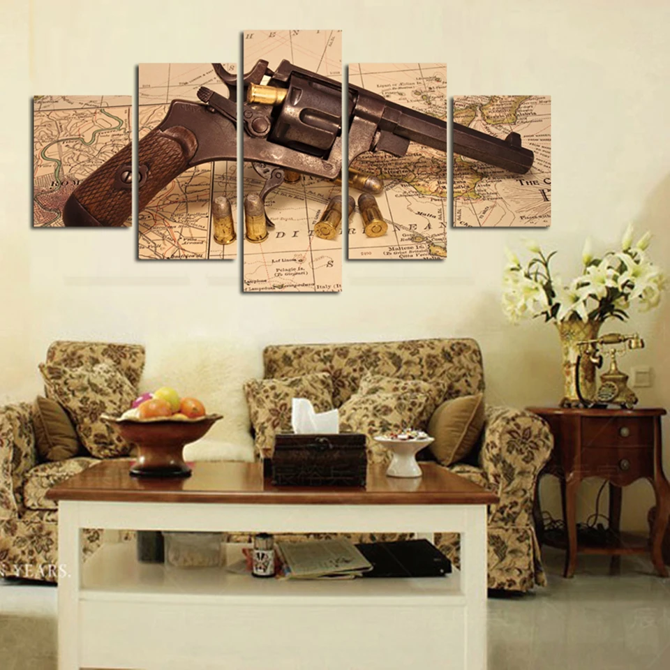 Art Picture Wall Home Decoration Posters Modular Frame 5 Panel Map Gun Bullet Living Room HD Modern Printed Painting On Canvas