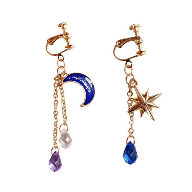 Asymmetrical Gold Color Long Tels Earrings Chain Stars Blue Moon Asymmetrical Gold Color Long Tels Earrings Chain Stars Blue Moon Clip Without Piercing For Women