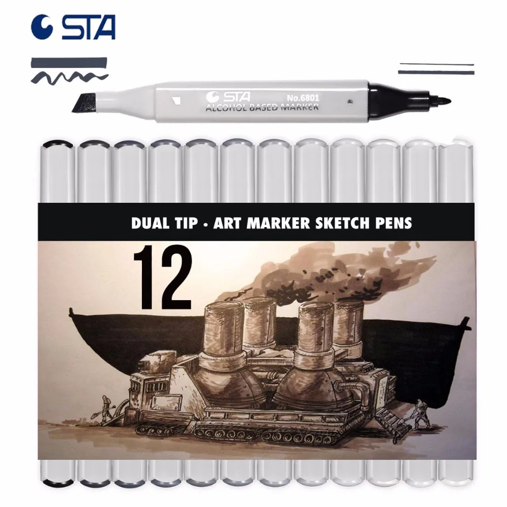 

STA 3801 Skin Tone Art Markers Twin Alcohol Graphic Pens 12 Colors Grayscale Dual Sketch Marker Gray Pen Drawing Comic Landscape