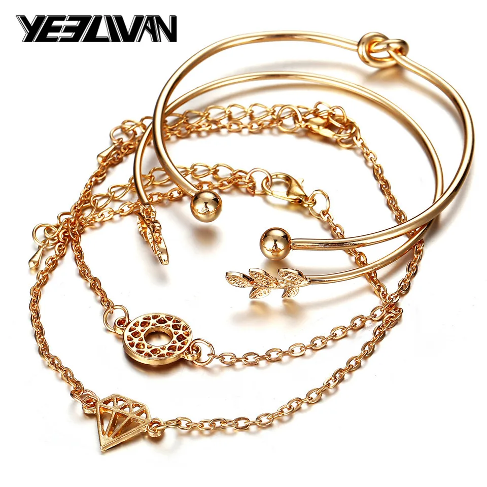 

4 Pcs Bracelets a Lot for Women Boho Gold Color Leaf Multilayer Chain Cuff Charms Bangle and Bracelet armbandjes dames joyeria