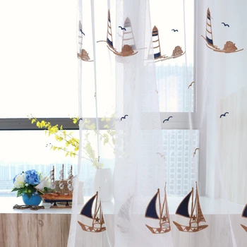 

Embroidered Voile Bedroom Sheer curtains kids room kitchen children curtains Tulle sailing pattern Window Curtains