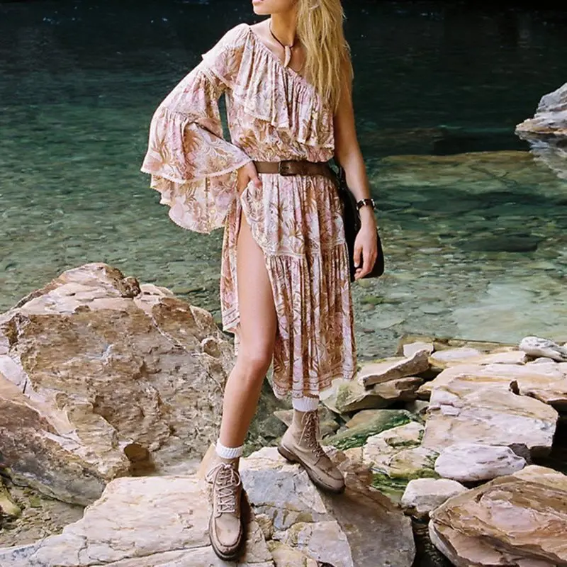 

Women Summer Chiffon Boho Dress One Shoulder Sexy Ruffle Floral Print Romantic Sweet Girl Travel Pleated Plus Size Midi Dresses