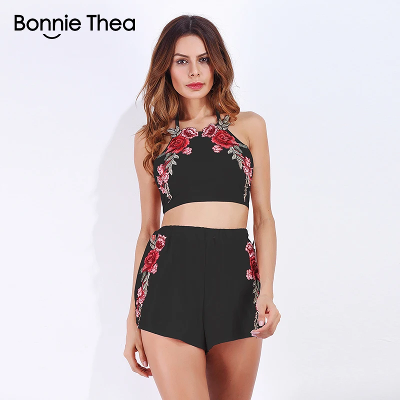 bonnie thea Embroidery linen white Jumpsuits Women Summer Two Piece Set bandage Cotton Casual Playsuits Femme sexy Short Rompers Jumpsuits and Playsuits