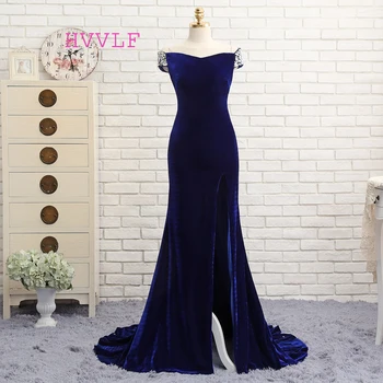 

HVVLF Royal Blue 2018 Prom Dresses Mermaid V-neck Backless Velvet Crystals Slit Long Prom Gown Evening Dresses Evening Gown