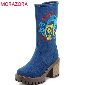 

MORAZORA 2020 hot sale mid calf boots women round toe denim platform boots simple zipper autumn winter boots casual shoes woman