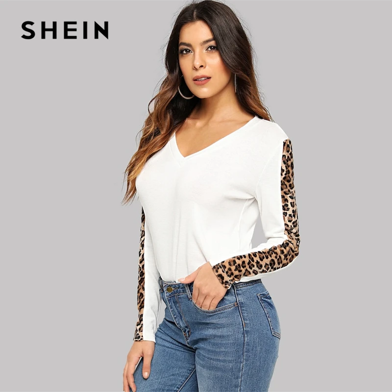 SHEIN Футболка С V-Образным Вырезом С Леопардовым Принтом Модная Футболка С Длинным Рукавом