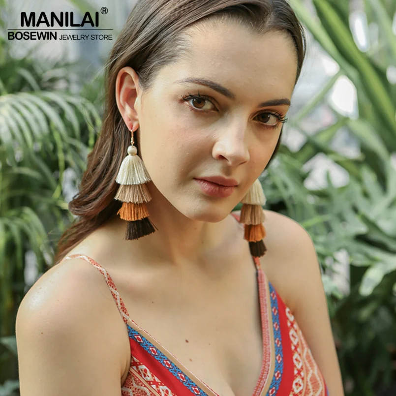 MANILAI Bohemia 4 Layered Tassel Earrings Dangle Earrings Fashion Jewelry Multi color Statement Fringe Long Earring For Women
