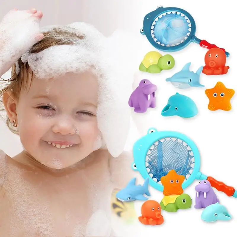

6pcs Mixed Animals+1pc Fishing Net Baby Bath Toys Excellent Soft Rubber and ABS Plastics Squeeze Squeaky Bathing Toy Funny