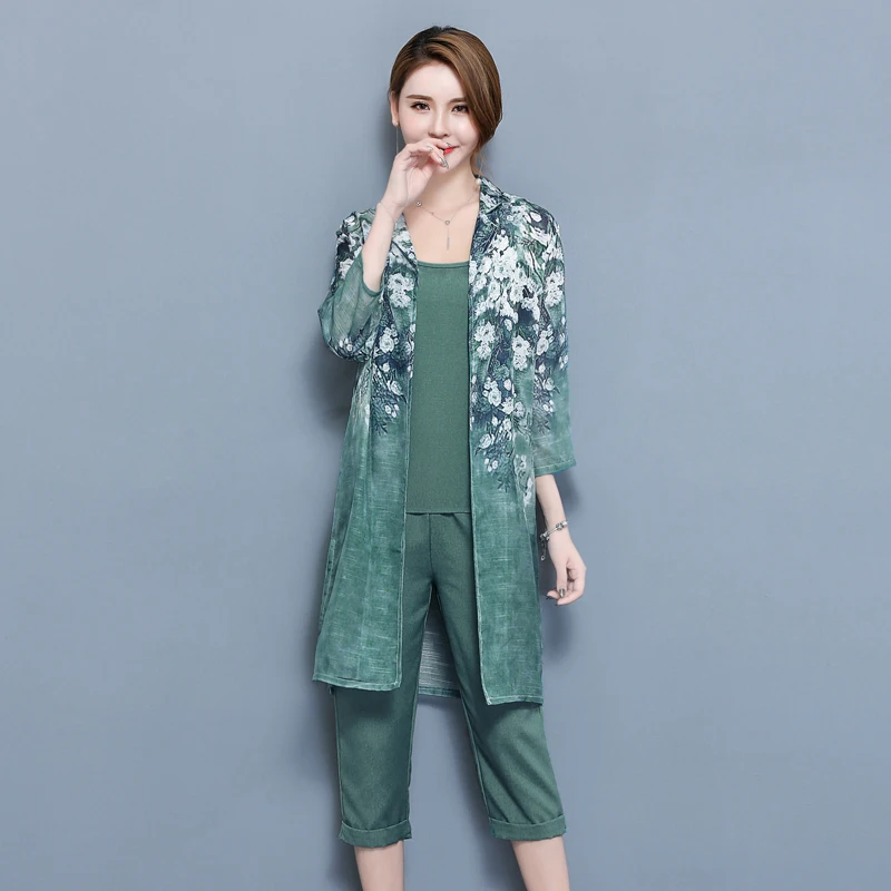 Nova Moda Primavera Verão Roupas de Algodão de Linho Manga Três quartos das Mulheres Três Peças Define Flores Impressão das Mulheres define Feminino
