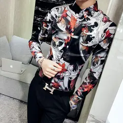 Ночной клуб Для мужчин с длинным рукавом рубашка с цветочным рисунком тонкий Дизайн модная повседневная рубашка человек