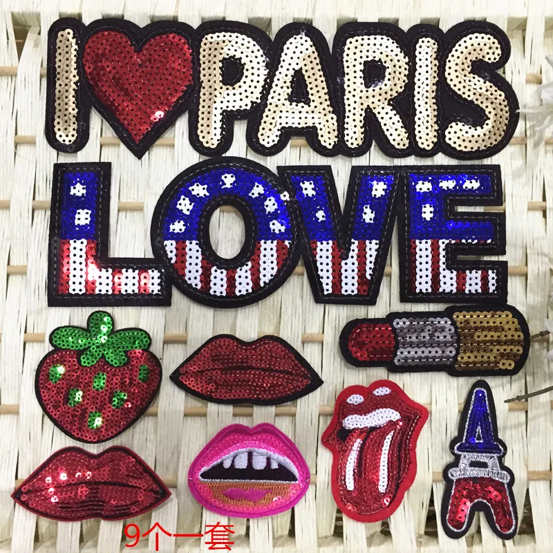 

9pcs Sexy Lip Paris Love Sequins Patches For Clothes Embroidered iron or Sew On Patch Clothing Accessories Motif Applique Badge
