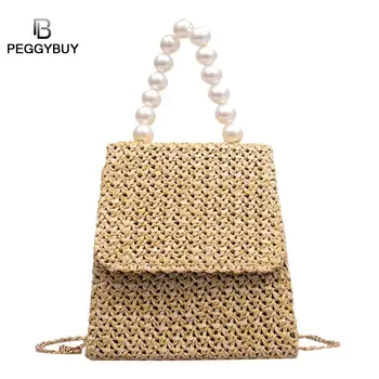 

Handbag Women Fashion Retro Pearl Woven Square Handbag Diagonal Bag Women Weaving Chain Small Crossbody Bags Shoulder Bag